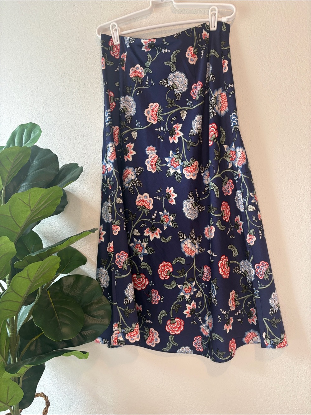 LOFT Navy Floral Midi Skirt with Pink & White Blooms - Picture 3 of 4